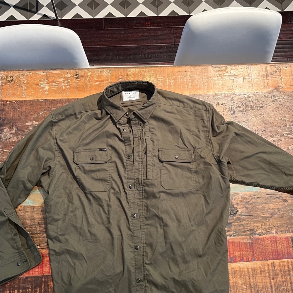 Poncho Olive Green Long Sleeve Button-Up Shirt